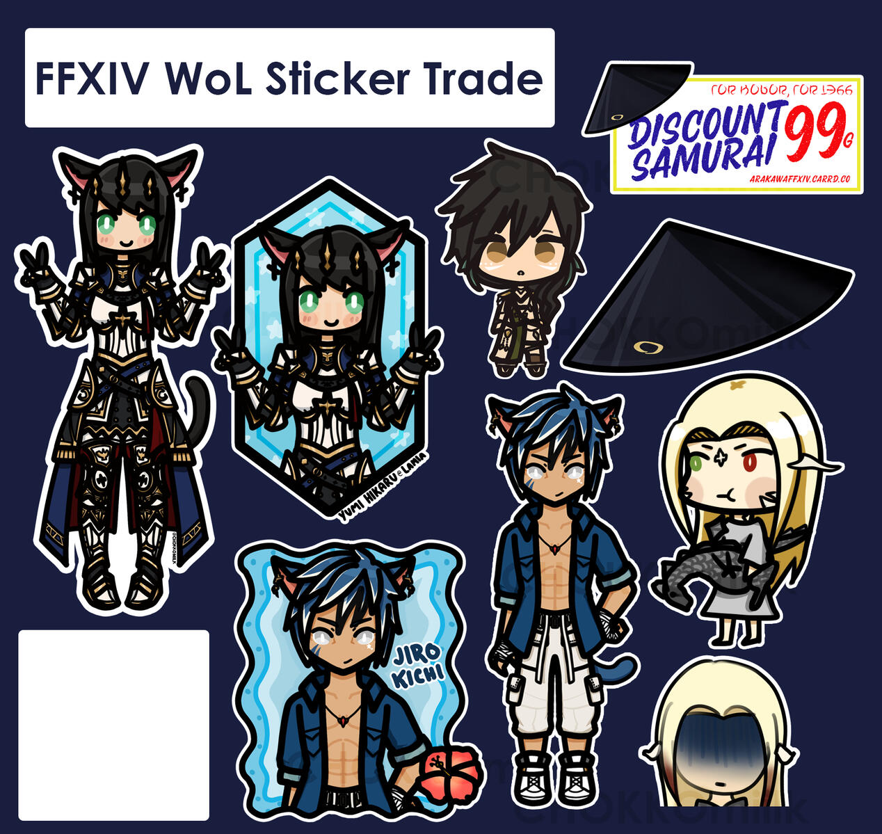 Various FFXIV WoL Sticker Trade Artwork.